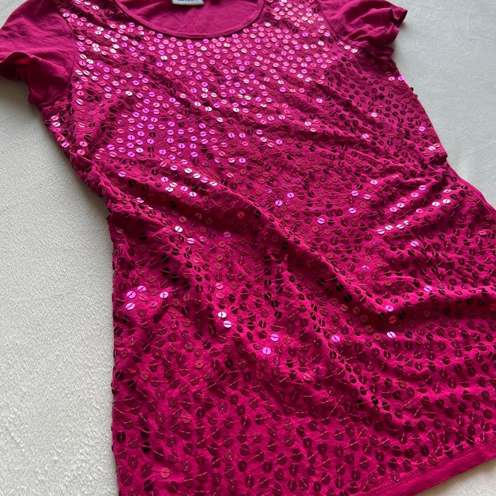 Pink Sequin y2k DKNY Hot Pink Babydoll Tee Disco party Going out festival